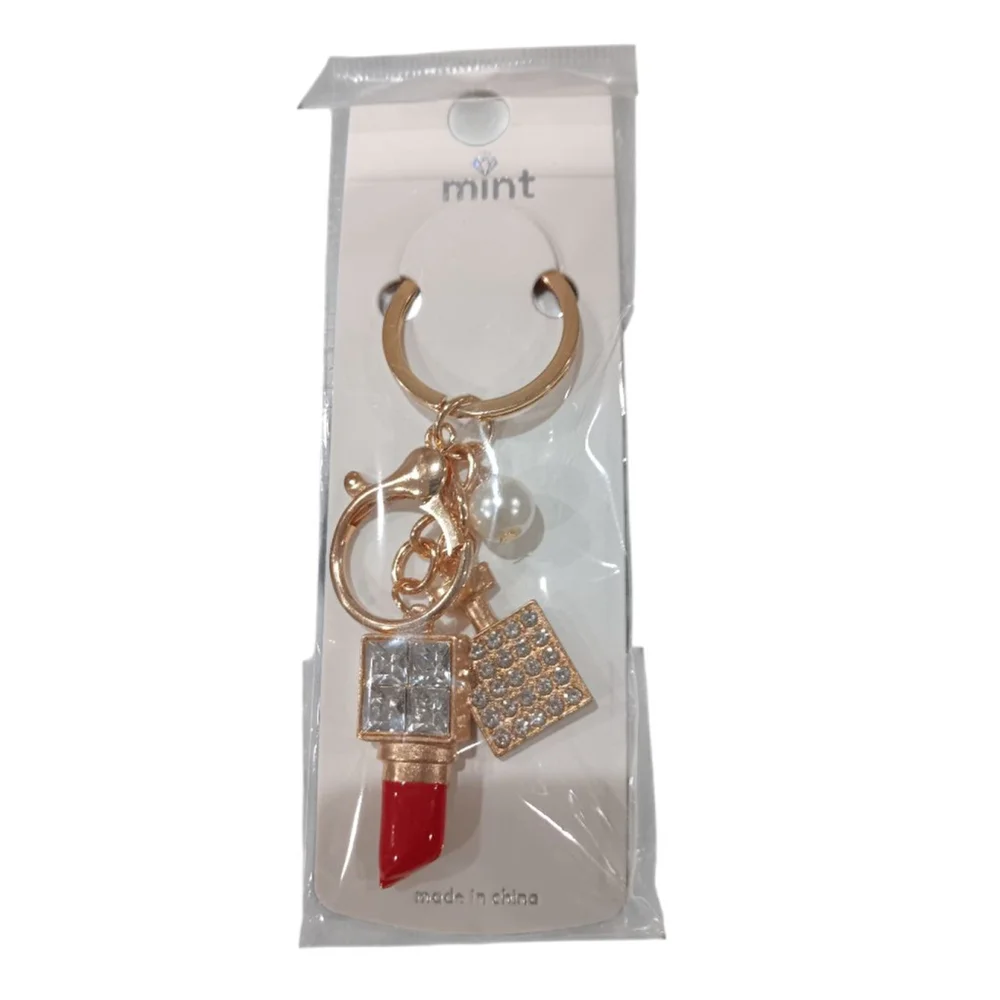 Rhinestone Lipstick, Perfume Bottle, Pearl Bling Keychain Purse Charm Red & Gold